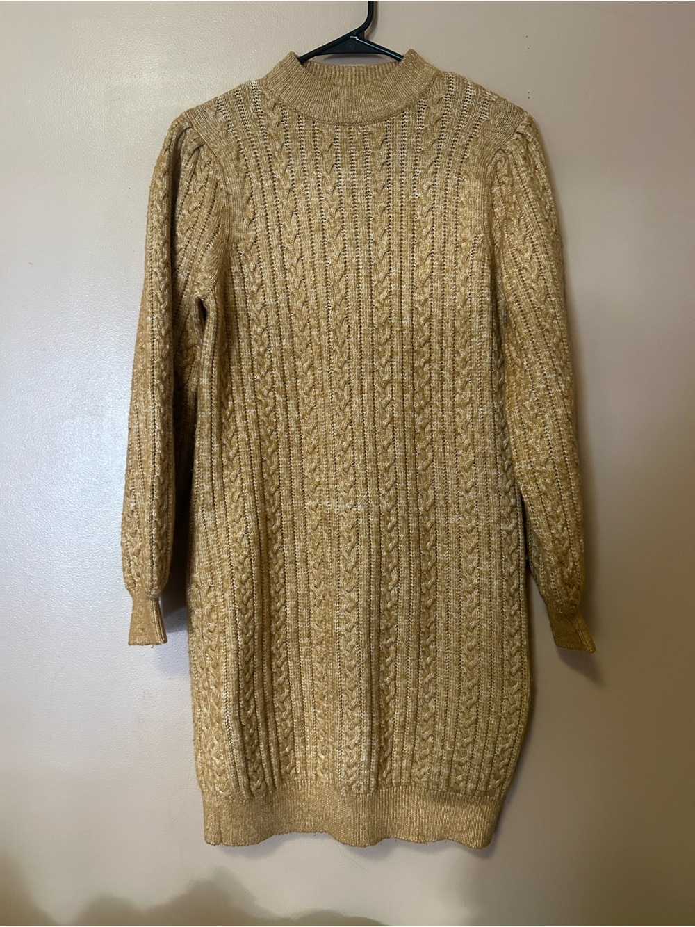 Mock Neck Cable Knit Long Sleeve Dress in Tan